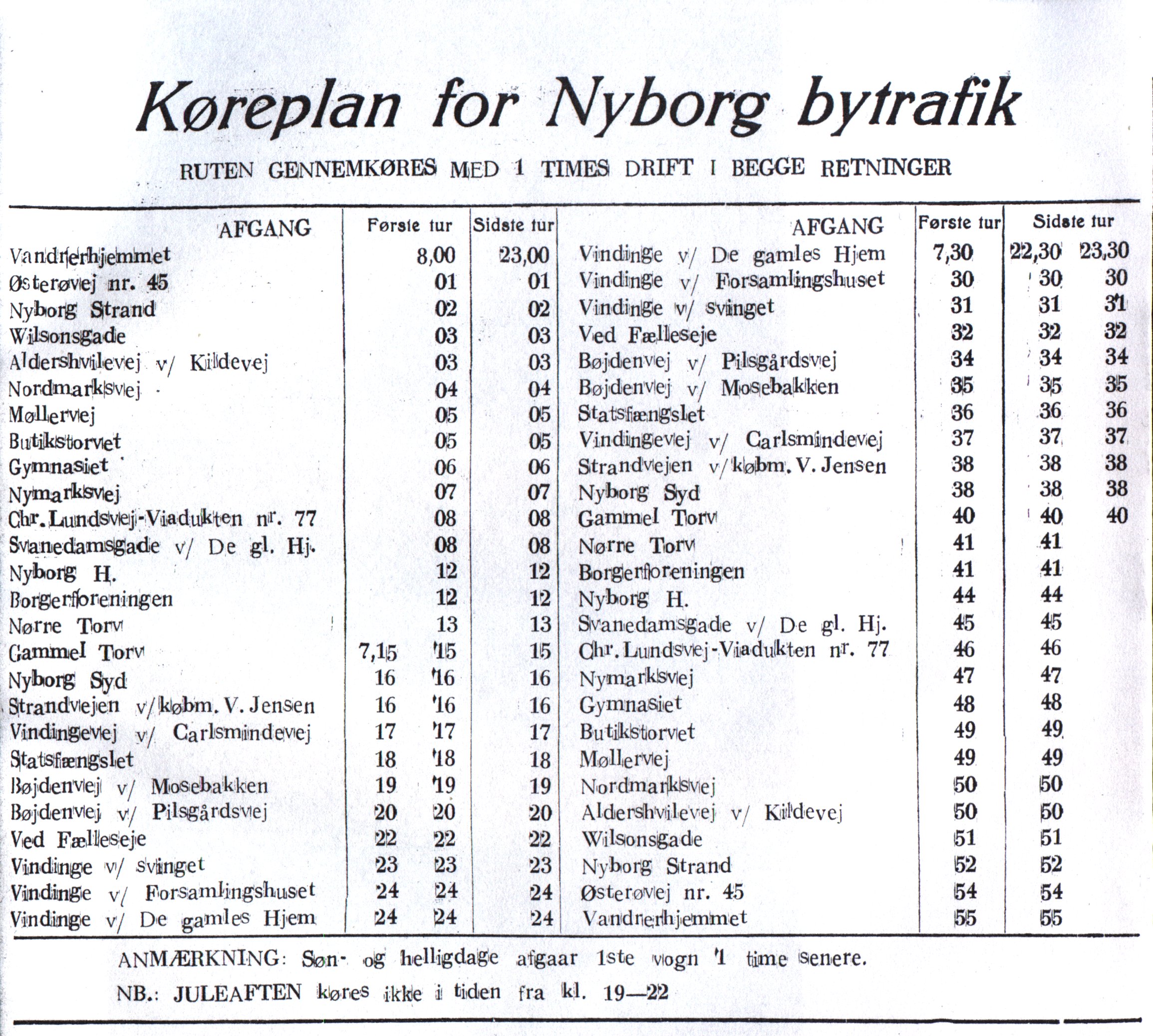 Nyborg Bytrafik Køreplan, 1961